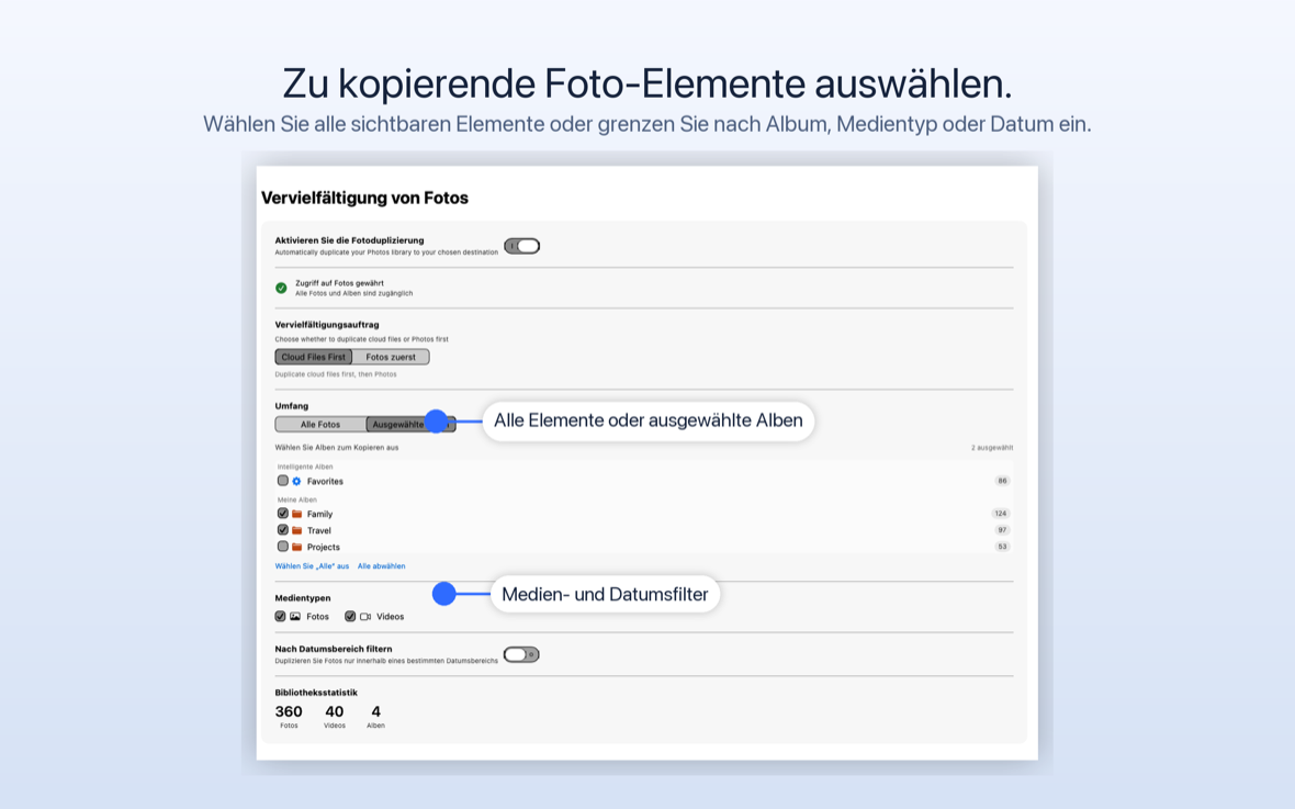 Die CloudyDupe-Registerkarte „Fotos“ mit Albumauswahl, Kontrollkästchen für Medientypen, einem Datumsbereichsfilter und Bibliotheksstatistiken.