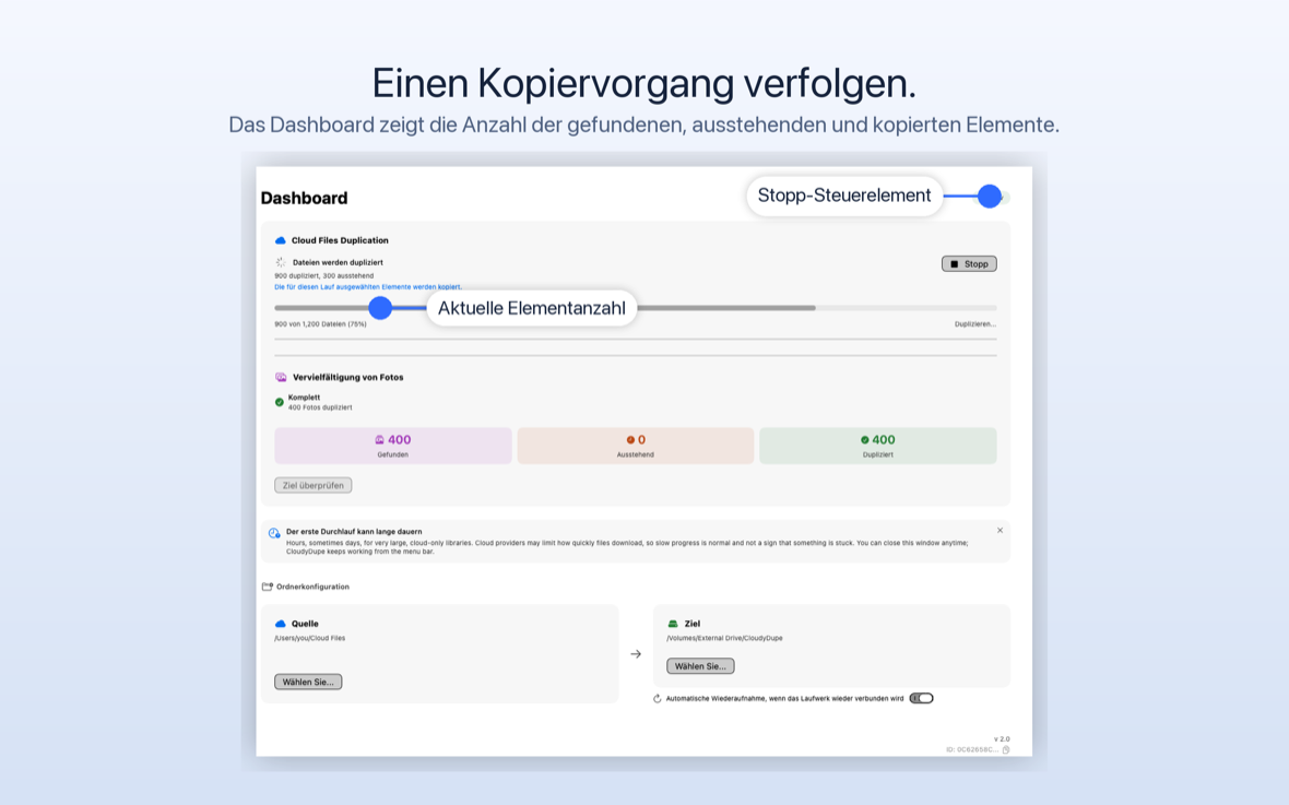 CloudyDupe kopiert Dateien, zeigt 900 Duplikate von 1.200 und einen Fortschrittsbalken bei 75 Prozent an.