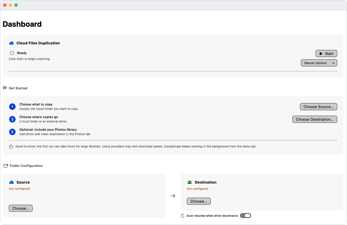 The CloudyDupe Get Started checklist with steps for choosing a source, a destination, and optionally including Photos.