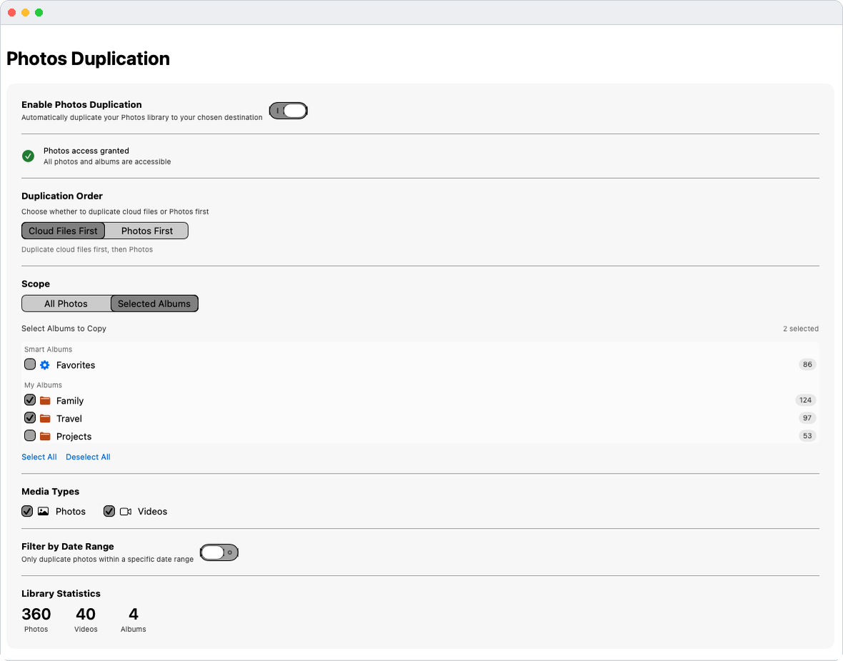 The CloudyDupe Photos tab with album selection, media type checkboxes, a date range filter and library statistics.