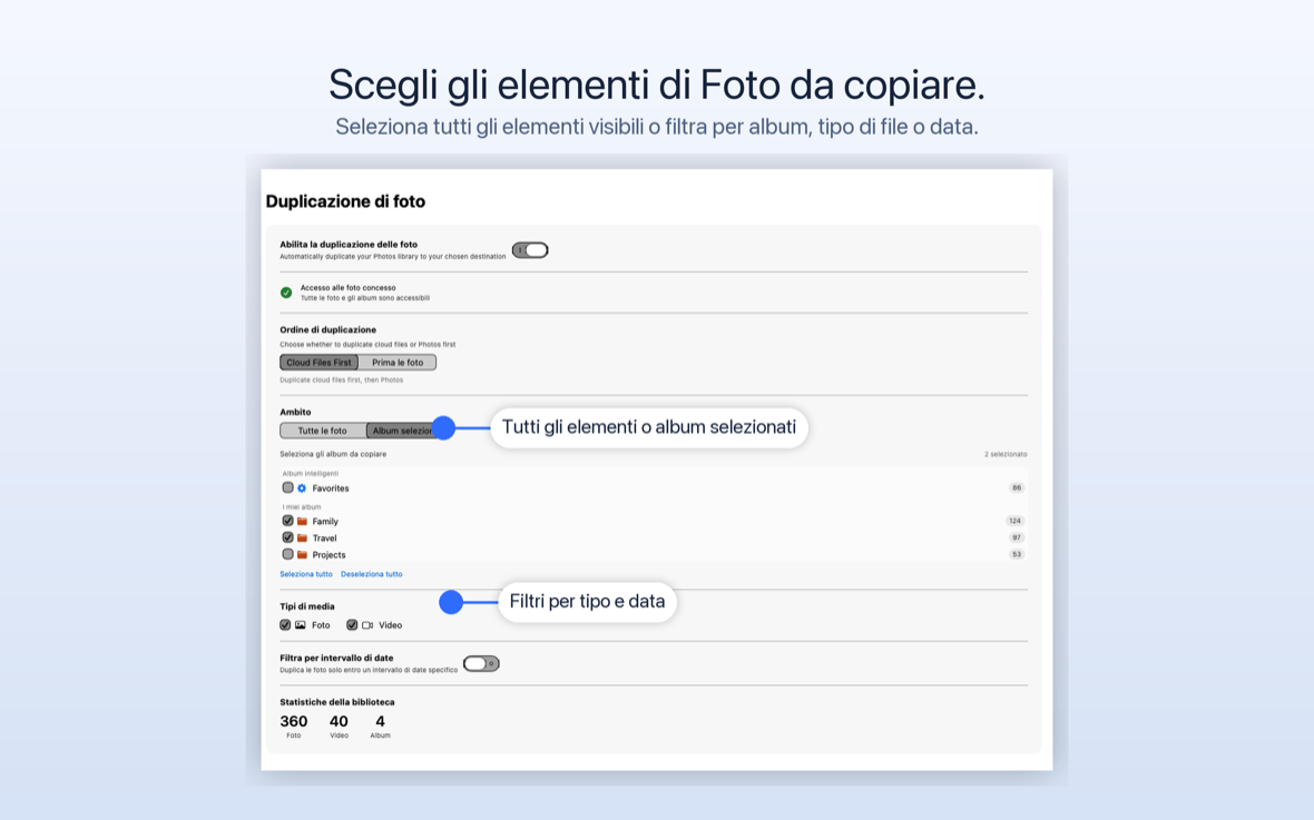 La scheda Foto CloudyDupe con selezione di album, caselle di controllo del tipo di media, filtro dell'intervallo di date e statistiche della libreria.