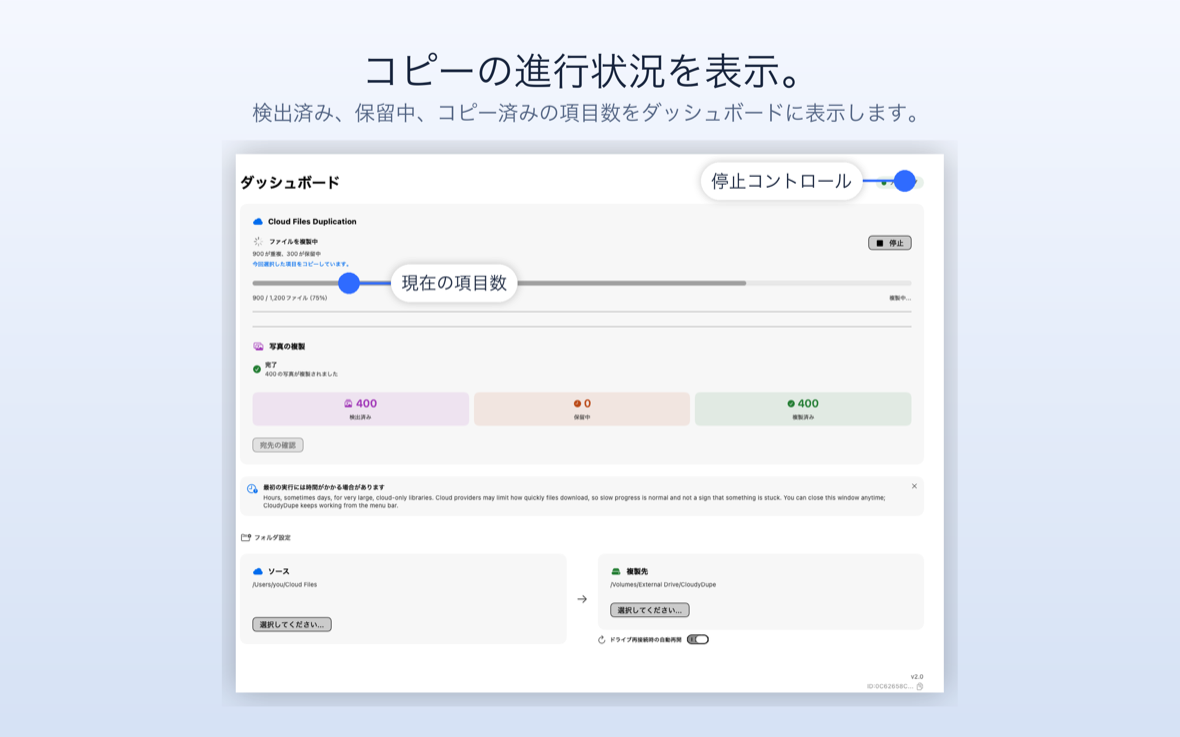 CloudyDupe によるファイルのコピー。1,200 個のうち 900 個の複製が表示され、75% の進行状況バーが表示されます。
