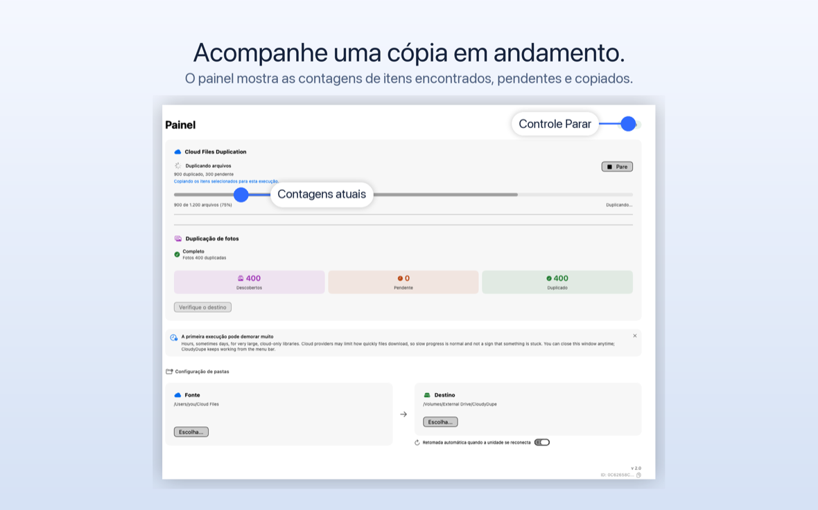CloudyDupe copiando arquivos, mostrando 900 duplicados de 1.200 e uma barra de progresso de 75 por cento.